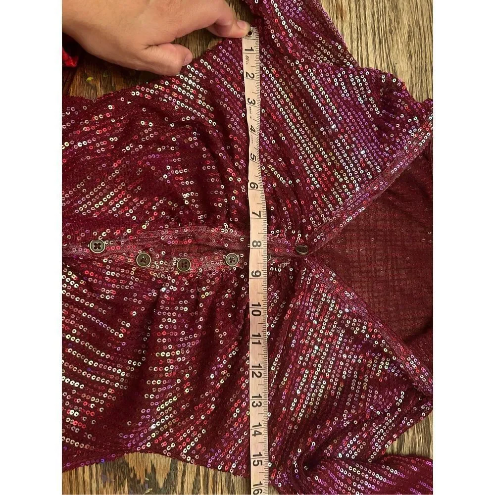 Free People  Iridescent Sequin Collared Ruched Longline Shirtee Dark Rhubarb siz